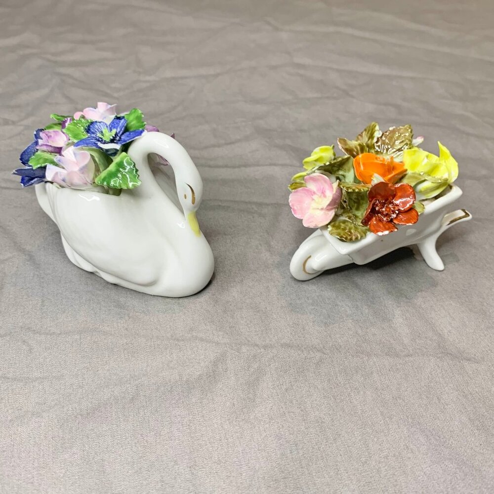 Vtg 50s 60s Royal Adderley Floral Bone China Swan & Wheelbarrow Figurines Lot